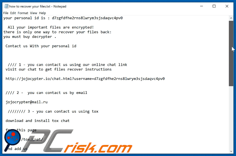 jojocrypt ransomware ransom note appearance