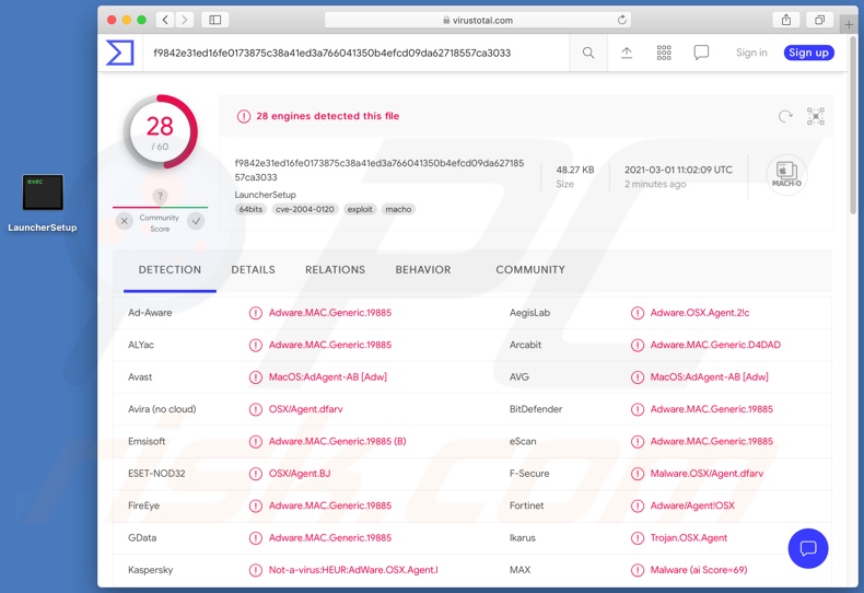 LauncherSetup adware detections on VirusTotal