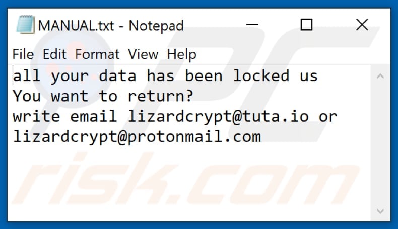 Liz ransomware text file (Manual.txt)