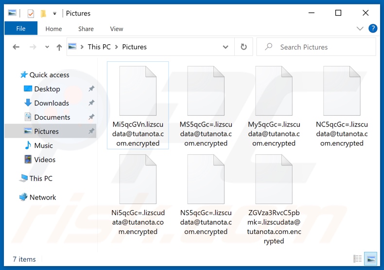 Files encrypted by Lizscudata ransomware ([random_string].lizscudata@tutanota.com.encrypted - file renaming pattern)