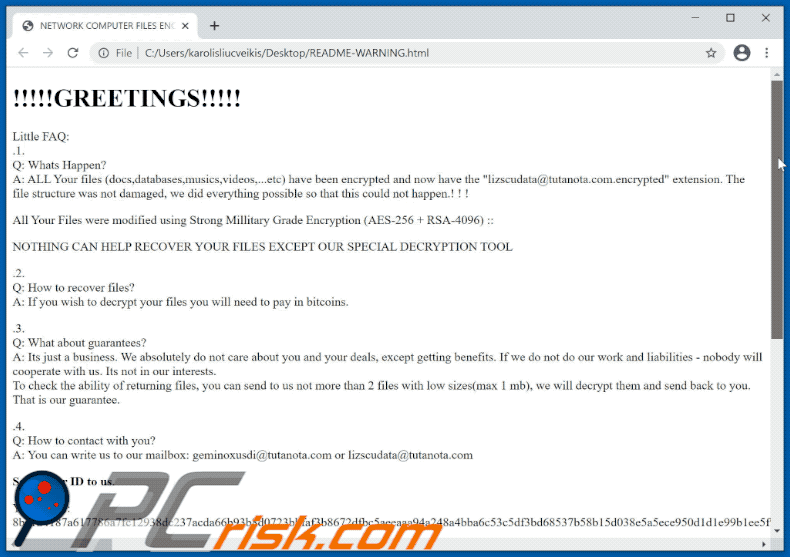 Lizscudata ransomware ransom note appearance GIF (README-WARNING.html)