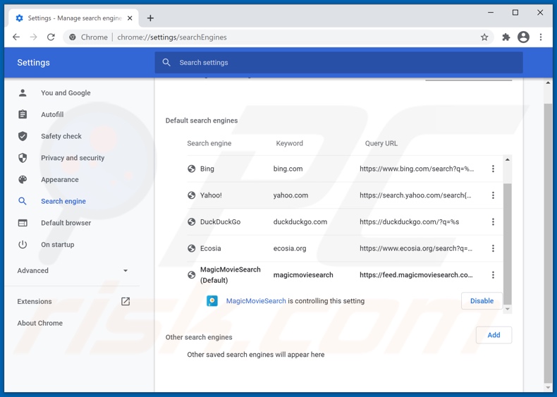 Removing magicmoviesearch.com from Google Chrome default search engine