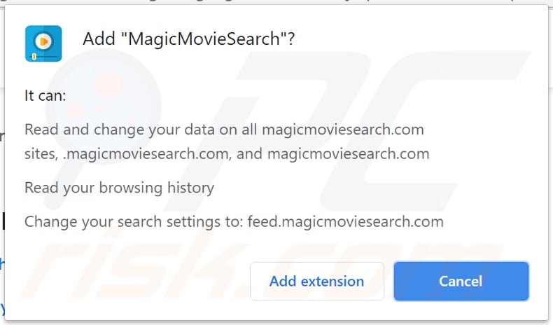MagicMovieSearch browser hijacker asking for permissions