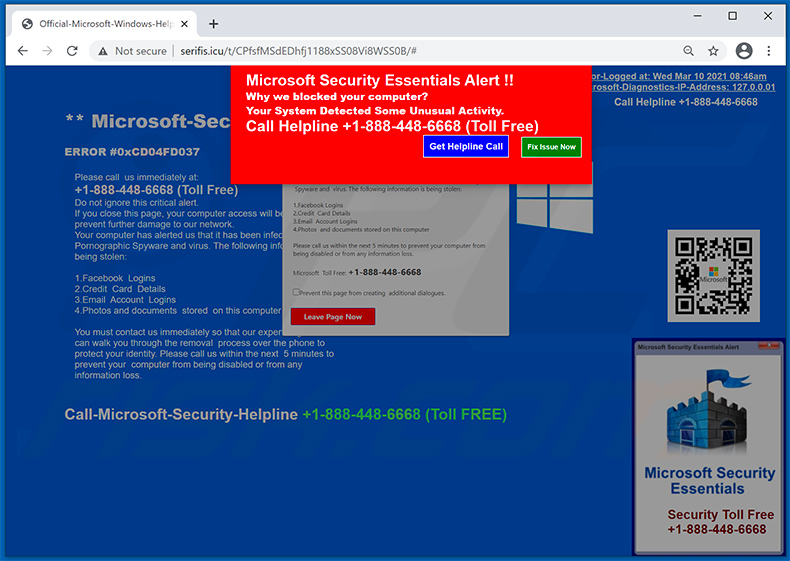 Microsoft Security Essentials Alert pop-up scam (2021-03-10)