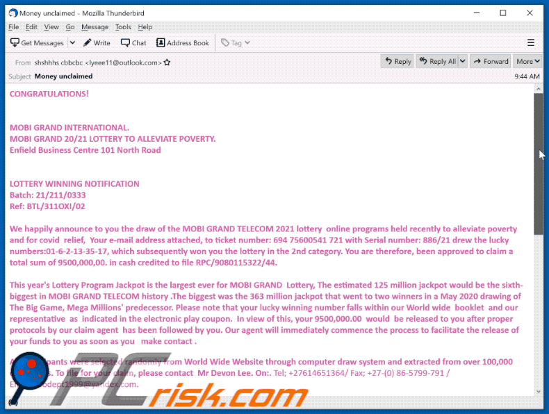 MOBI GRAND TELECOM Lottery email scam appearance (GIF)