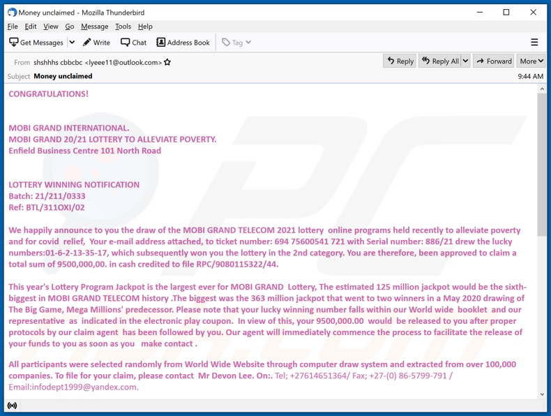 MOBI GRAND TELECOM Lottery email spam campaign