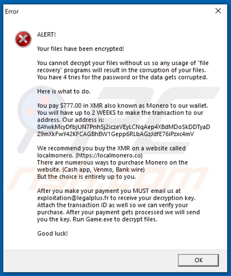 monero ransomware error pop-up