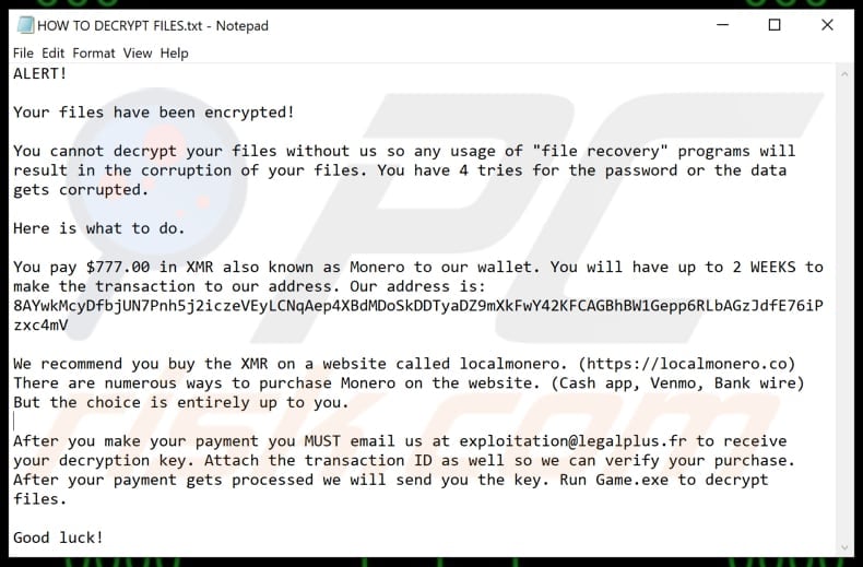 Monero ransomware text file (HOW TO DECRYPT FILES.txt)