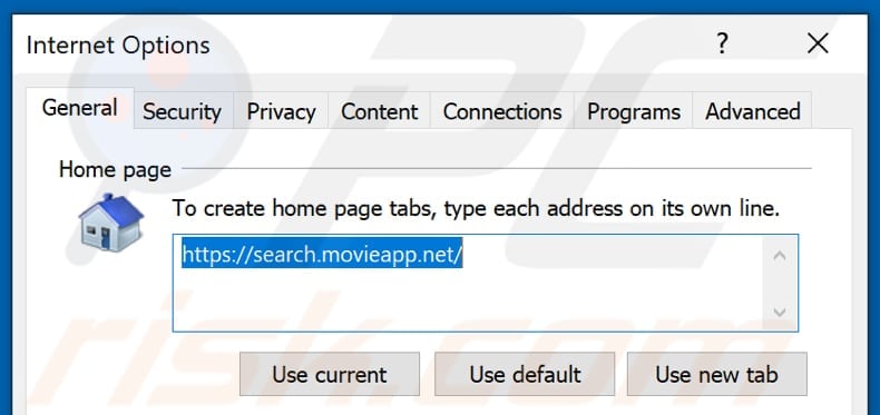 Removing search.movieapp.net from Internet Explorer homepage