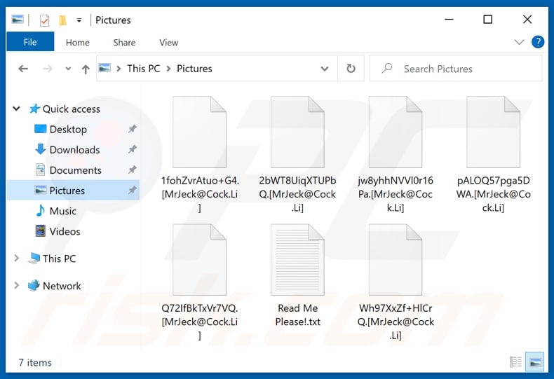 Files encrypted by MrJeck ransomware ([random_string].[MrJeck@Cock.Li] - renaming pattern)
