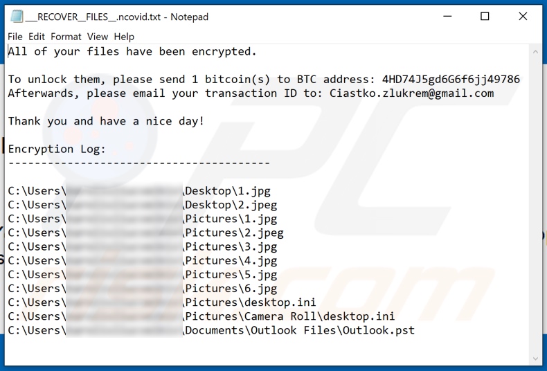 Ncovid ransomware text file (___RECOVER__FILES__.ncovid.txt)