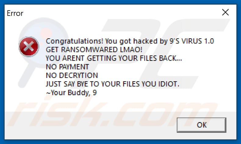 nin9 ransomware pop-up message