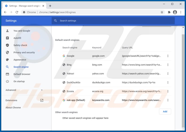 Removing keysearchs.com from Google Chrome default search engine