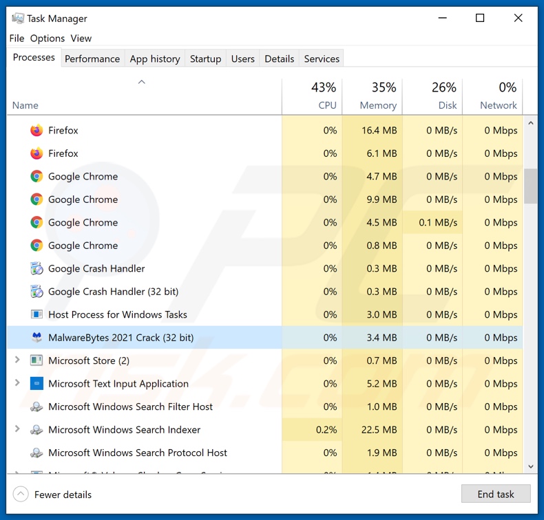 Onim ransomware process on Task Manager (MalwareBytes 2021 Crack)