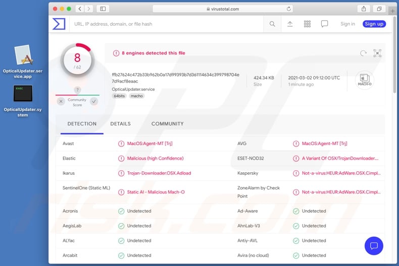 OpticalUpdater adware detections on VirusTotal