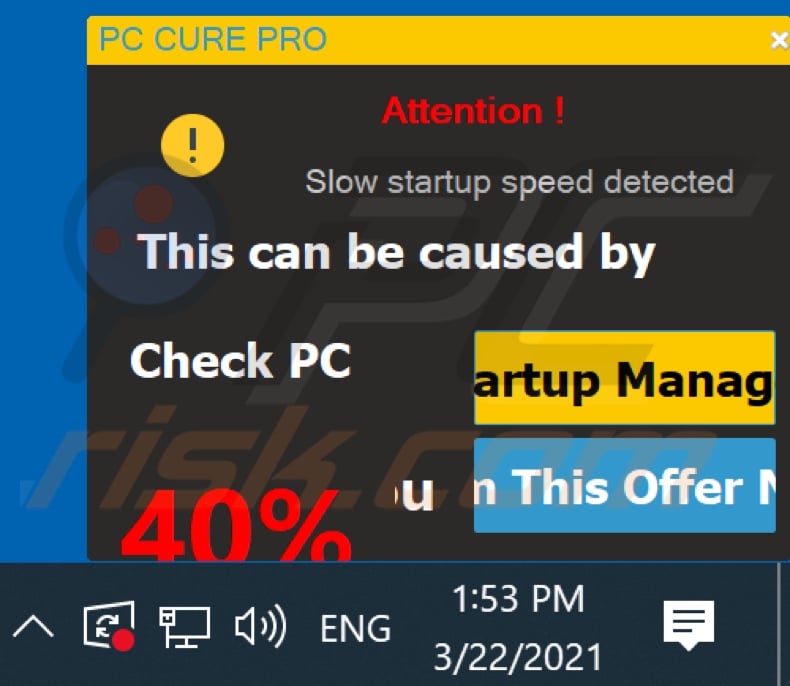 PC CURE PRO unwanted application displayed pop-up