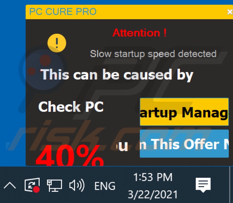 PC CURE PRO unwanted application displayed pop-up