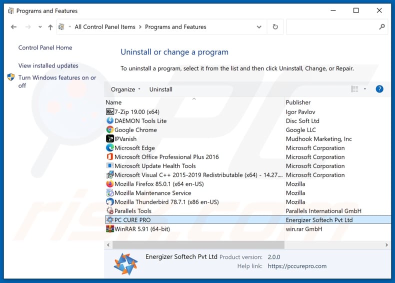 PC CURE PRO adware uninstall via Control Panel