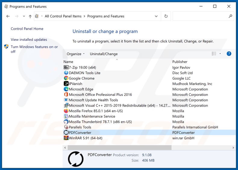 PDFConverter adware uninstall via Control Panel