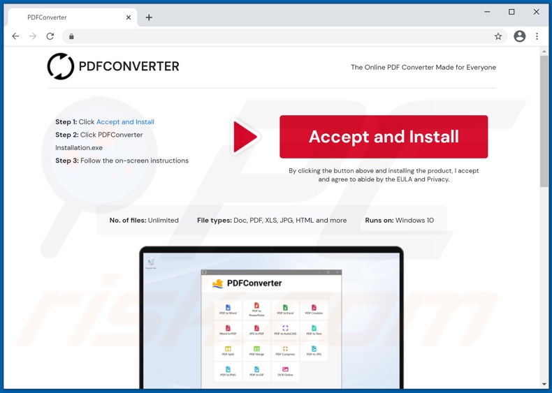 Website used to promote PDFConverter PUA