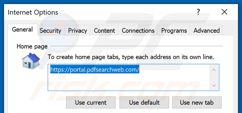 Removing pdfsearchweb.com from Internet Explorer homepage
