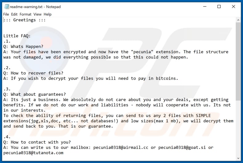 Pecunia decrypt instructions (readme-warning.txt)