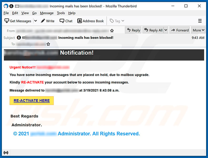 You have some incoming messages that are placed on hold spam email promoting a phishing website