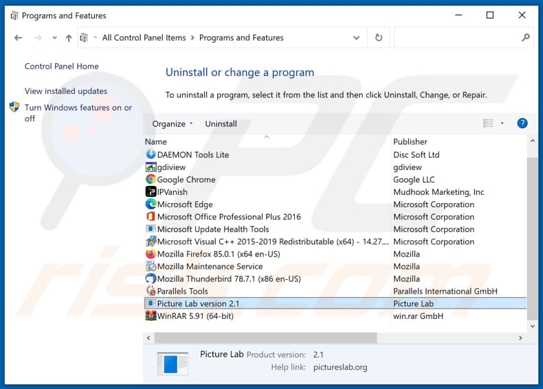 Pictures Lab adware uninstall via Control Panel