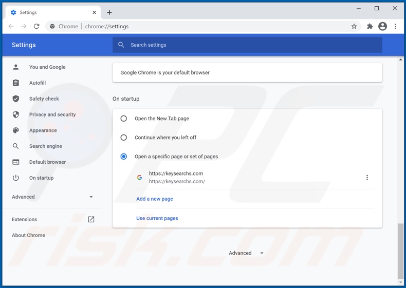 Removing keysearchs.com from Google Chrome homepage