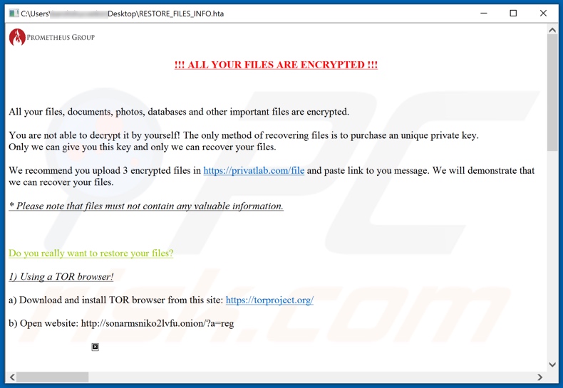 PROM ransomware ransom note (RESTORE_FILES_INFO.hta)