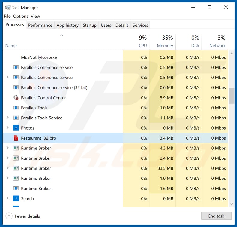qel email virus malicious restaurant process in task manager