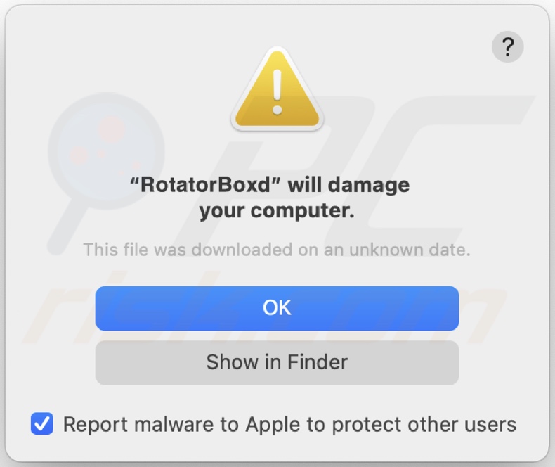 Pop-up displayed when RotatorBox adware is installed