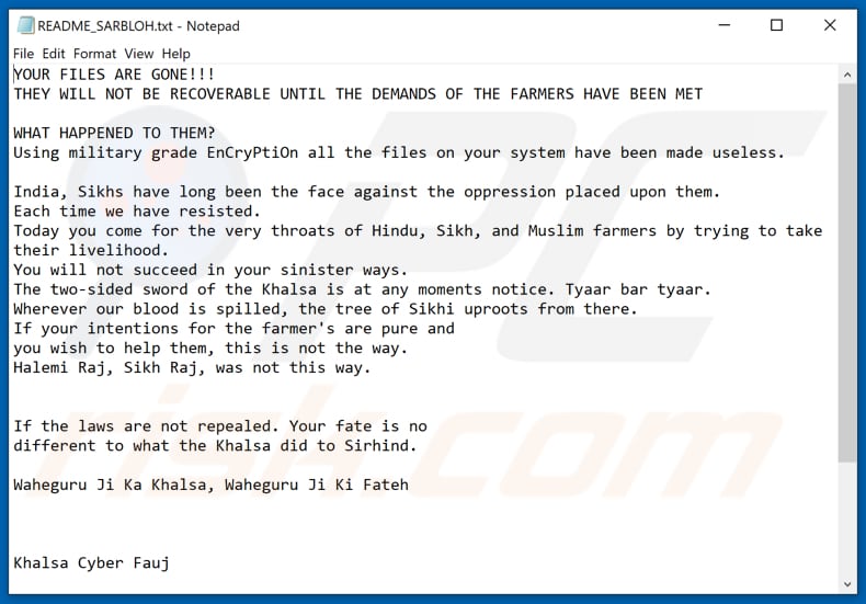 Sarbloh ransomware text file (README_SARBLOH.txt)