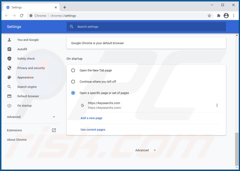 Removing keysearchs.com from Google Chrome homepage