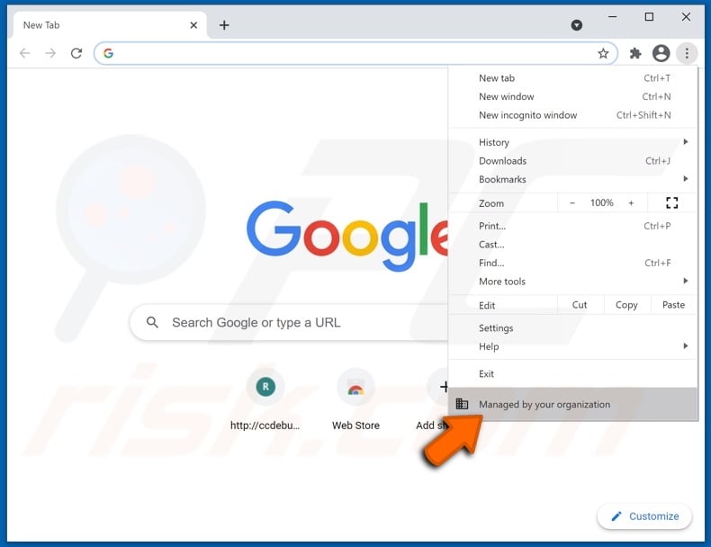 Search Monster browser hijacker added Managed by your organization feature to Chrome browsers