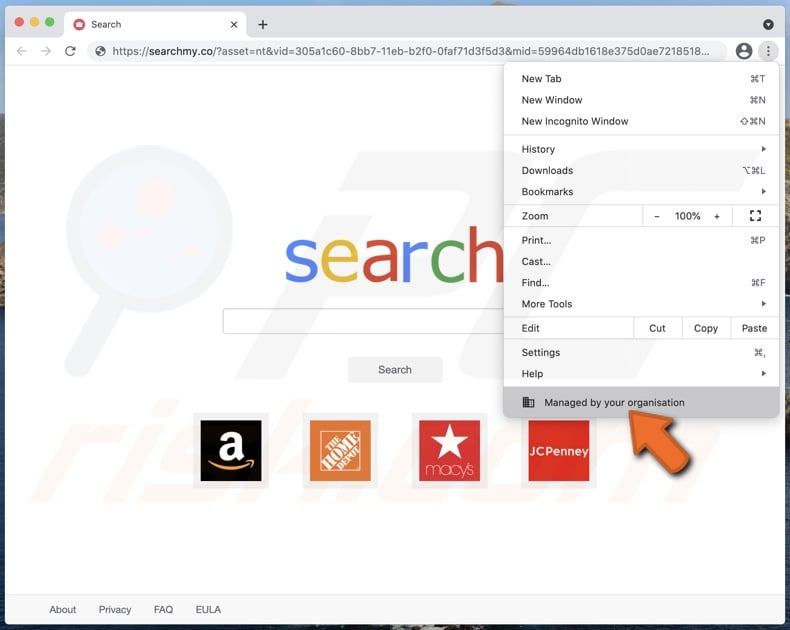 searchmy.co promoting browser hijacker added Managed by your organization feature to Chrome