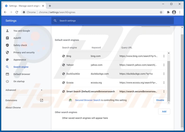 Removing securedbrowsersearch.com from Google Chrome default search engine