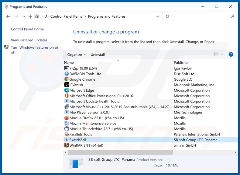 SketchBall adware uninstall via Control Panel