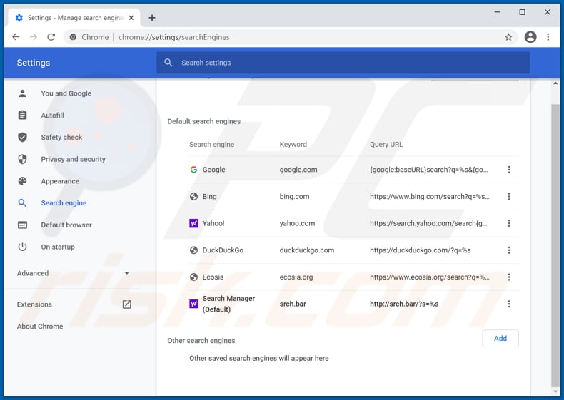 Removing srch.bar from Google Chrome default search engine