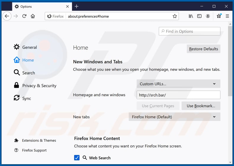 Removing srch.bar from Mozilla Firefox homepage