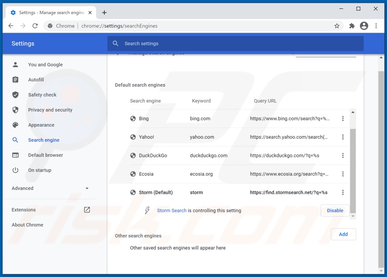 Removing stormsearch.net from Google Chrome default search engine