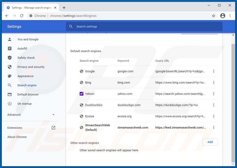 Removing streamsearchweb.com from Google Chrome default search engine