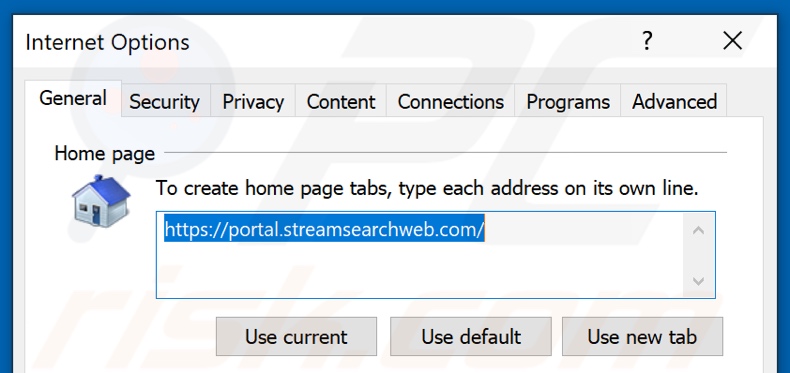 Removing streamsearchweb.com from Internet Explorer homepage