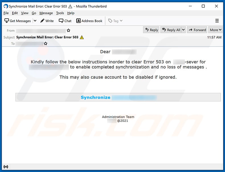 Email synchronization error-themed spam email (2021-03-26)