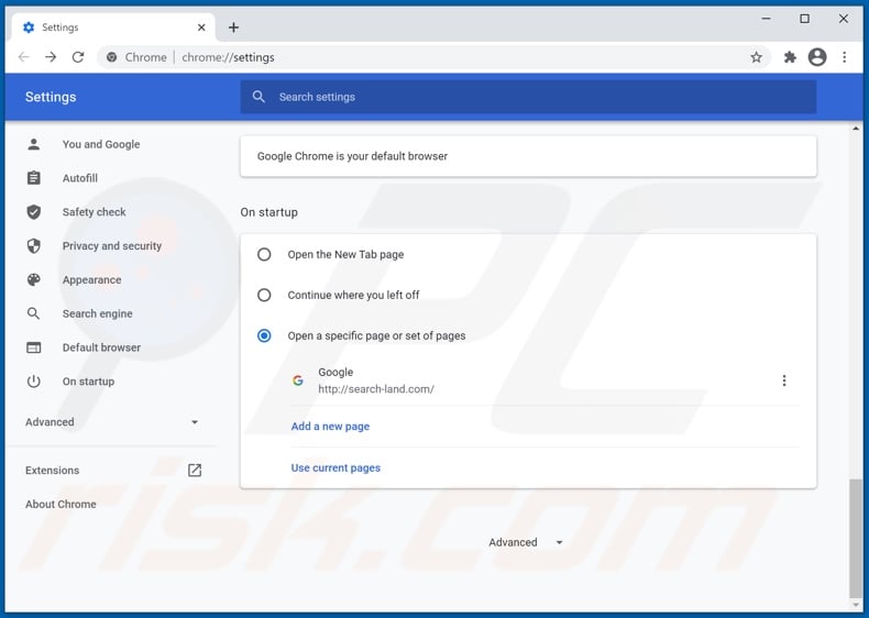 Removing search-land.com from Google Chrome homepage