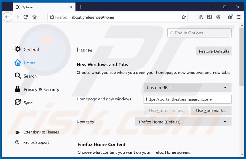 Removing thestreamsearch.com from Mozilla Firefox homepage