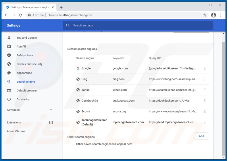 Removing topincognitosearch.com from Google Chrome default search engine