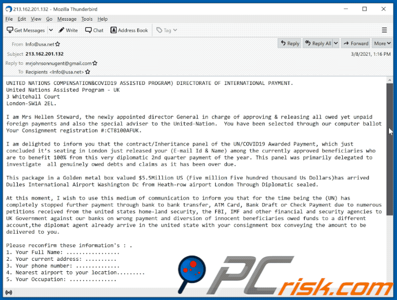 UNITED NATIONS COMPENSATION (COVID19 ASSISTED PROGRAM) scam email appearance (GIF)