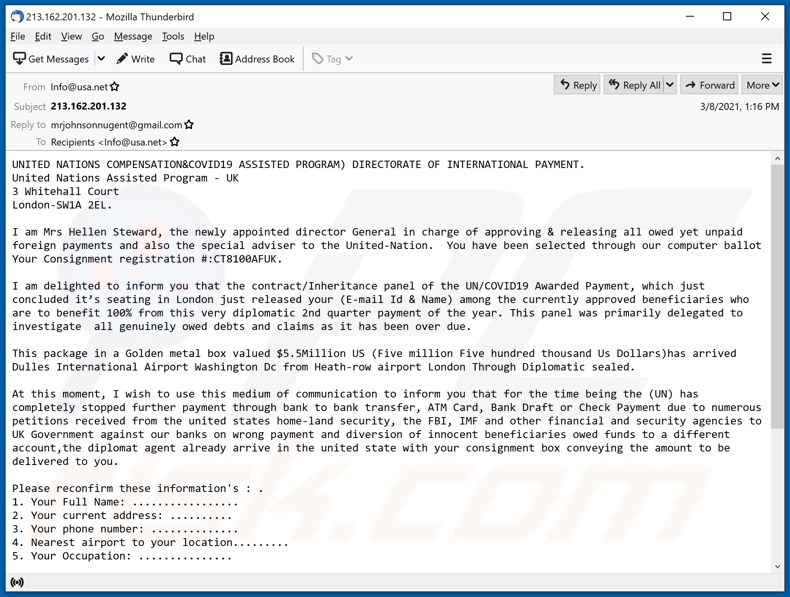 UNITED NATIONS COMPENSATION (COVID19 ASSISTED PROGRAM) email spam campaign