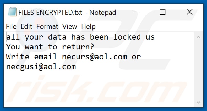 Urs ransomware text file (FILES ENCRYPTED.txt)
